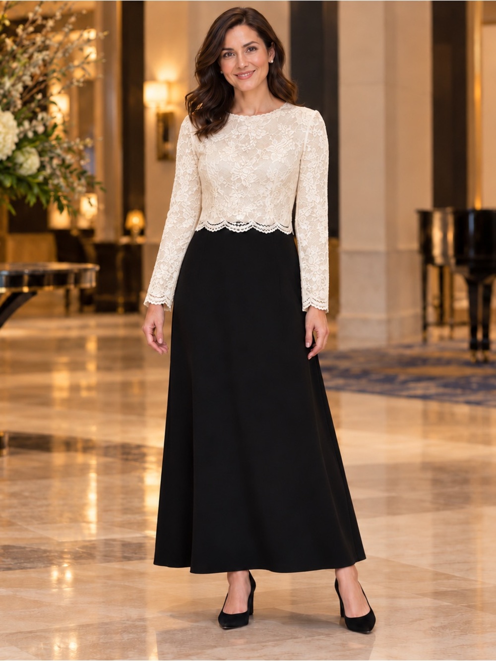 Vintage Talbots Dress Women’s 10 Black Ivory Lace Long Sleeve Maxi Made USA
